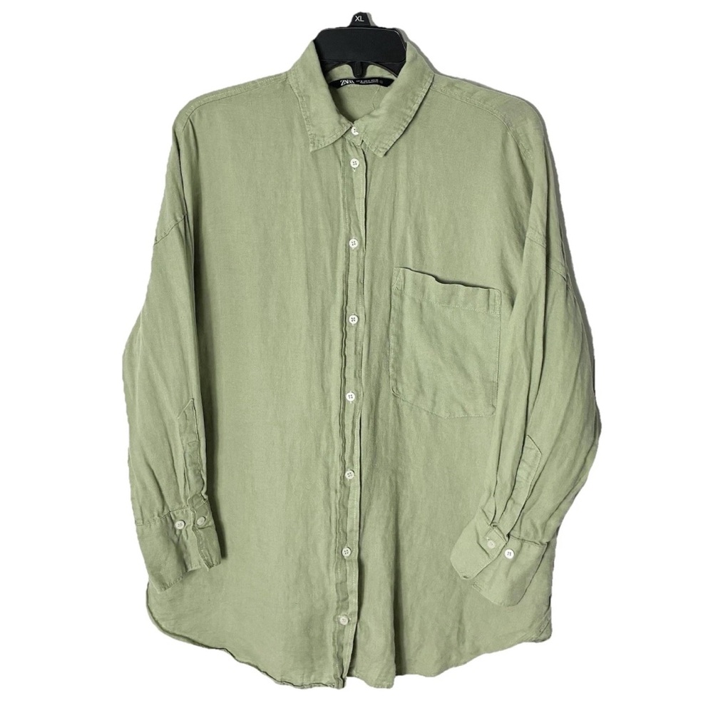 Zara Linen Shirt Women M Green Oversized Long Sleeve